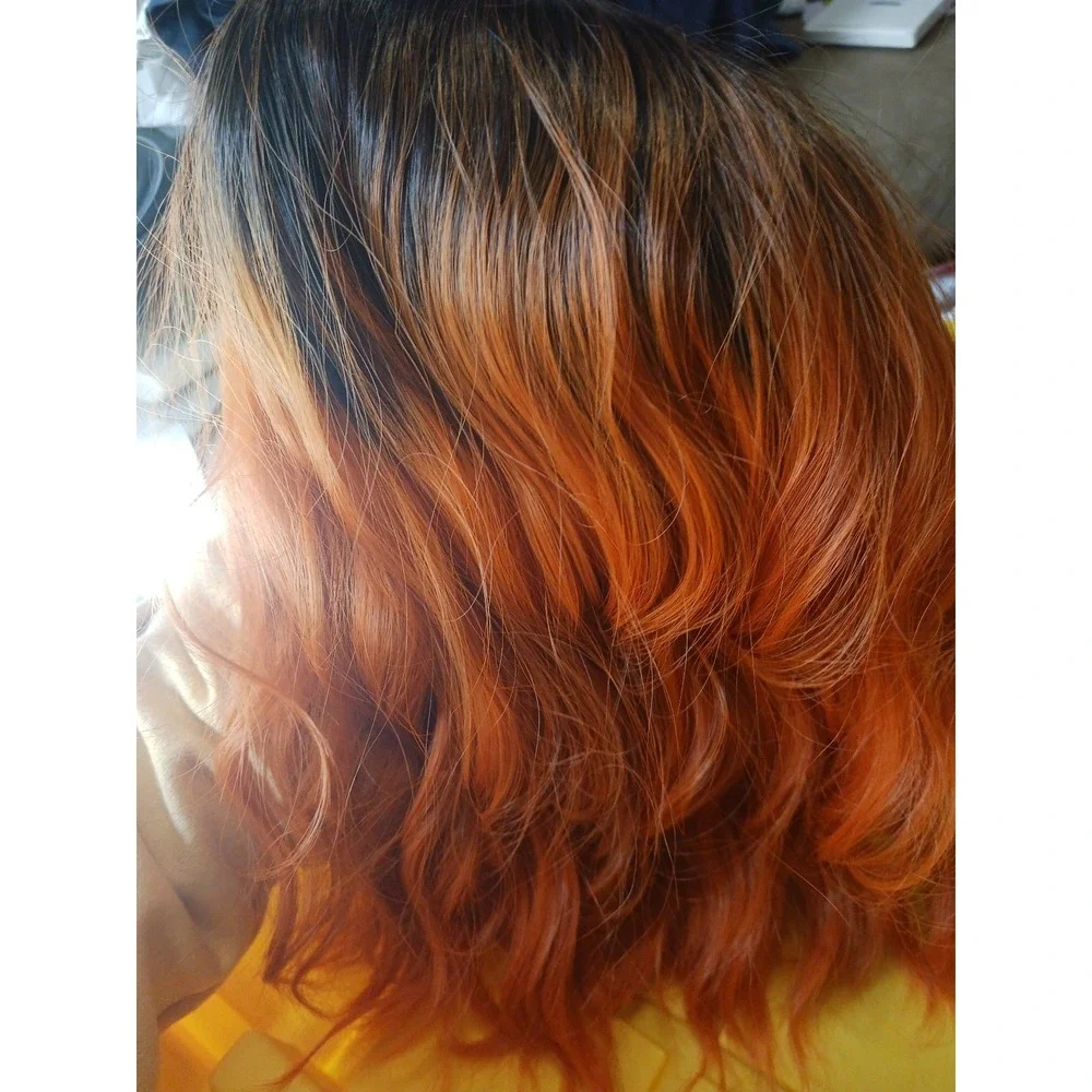 NEW Short Curly Black to Orange Ombre Synthetic Wig with Bangs & Wig Cap